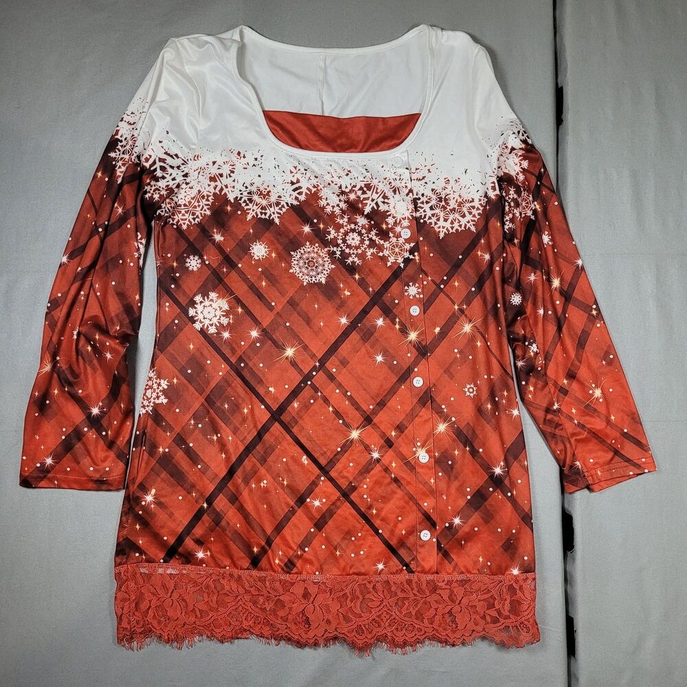 Christmas Holiday Red Blouse Lace Bottom Trim White Snowflakes Women's Lg